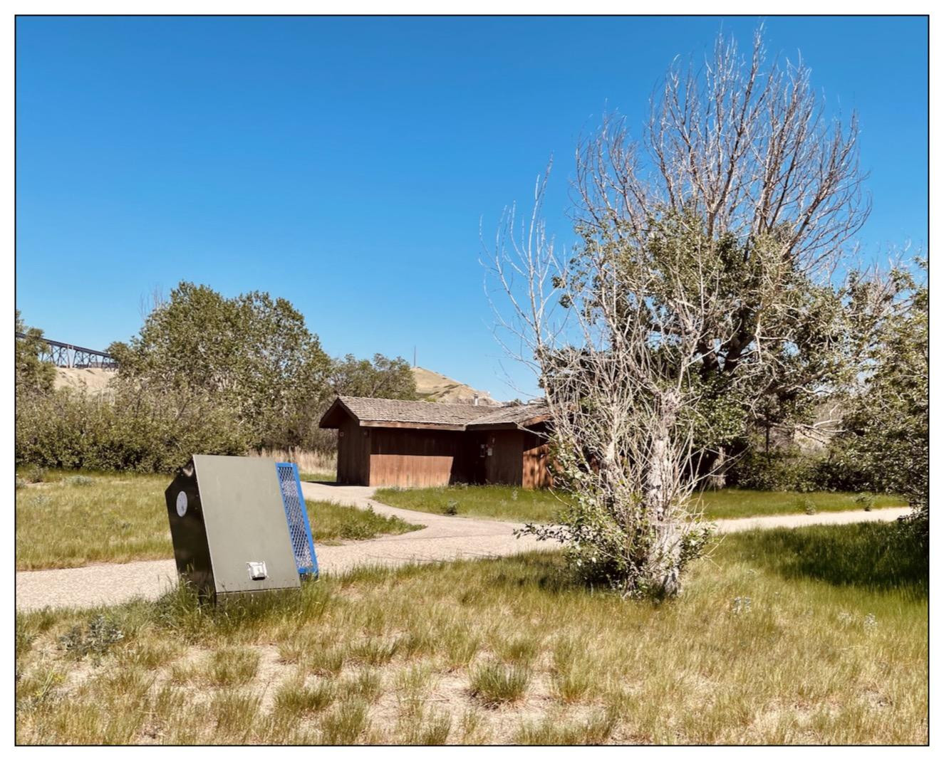Outdoor scene featuring a curved path leading to a rustic, wooden shed with a peaked roof. To the left of the path is a bear resistant trash can which is tilted forward, detailed with a blue add-on on the side for cans and bottles. A sickly tree with mostly bare branches stands prominently on the right, surrounded by patches of green grass and smaller bushes. In the distant background, a hill and a metallic train bridge are visible under a clear blue sky.
