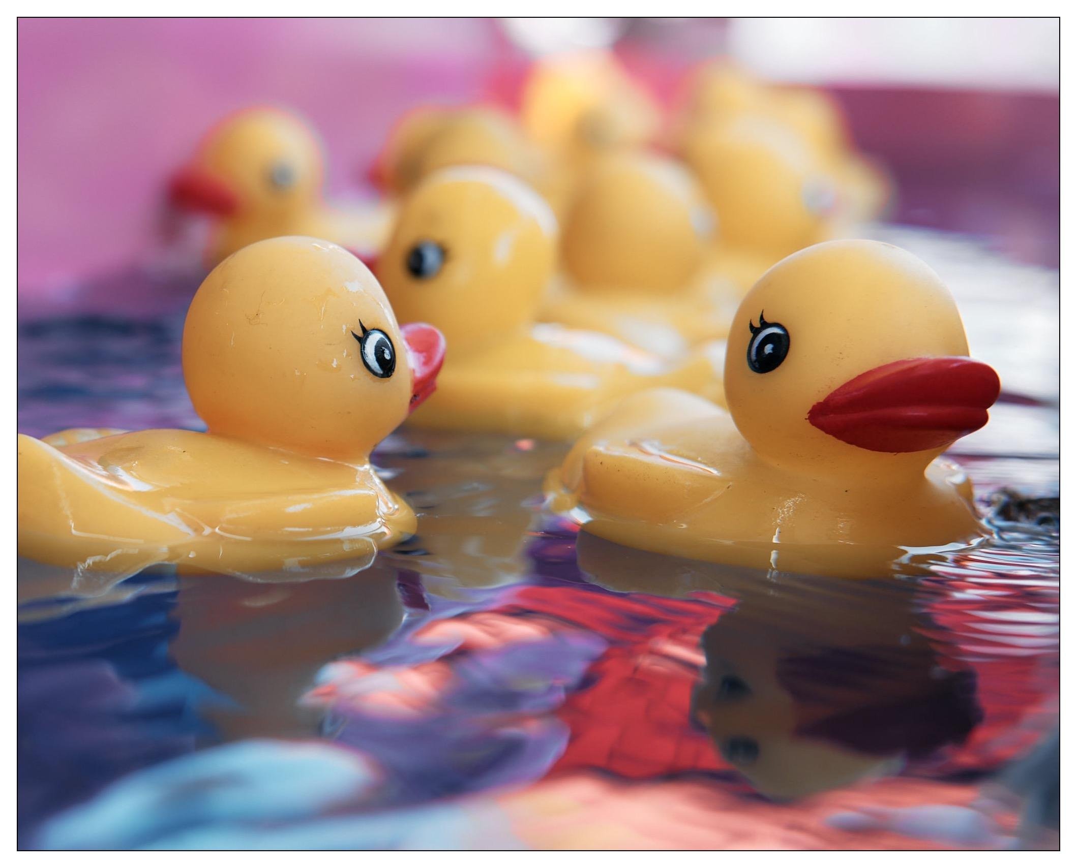 This image features a close-up of several yellow rubber ducks floating in water. The ducks have playful designs; one has eyelashes and a pink beak, adding a cute, cartoonish touch. The background suggests the ducks are in a small pool of water, which reflects multiple colors, potentially from lights or surrounding objects. This setup is typical for decorative purposes or children's games.