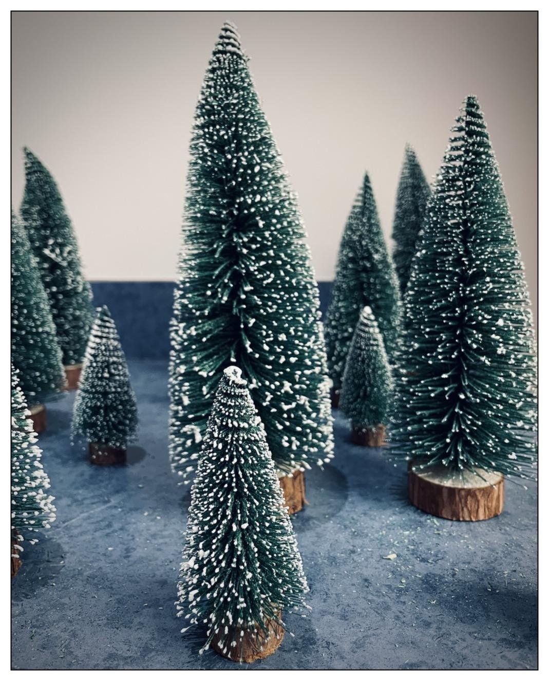 Acollection of miniature decorative Christmas trees. These small trees are meticulously decorated with what appears to be artificial snow. They are positioned in a staggered arrangement, some closer to the front with clearer details, and others, slightly blurred, in the background. Each tree is mounted on a small circular wooden base, suggesting they are likely intended for use as holiday decorations, possibly for a festive display or as part of a miniature winter scene. The setting has a cool-tone background, enhancing the wintry, festive feel of the scene.