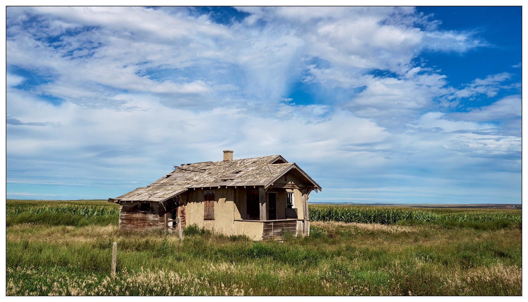 Abandoned single-story house with a damaged roof and weathered wooden walls, situated in a large open field with tall grass and a cornfield in the background under a cloudy blue sky.