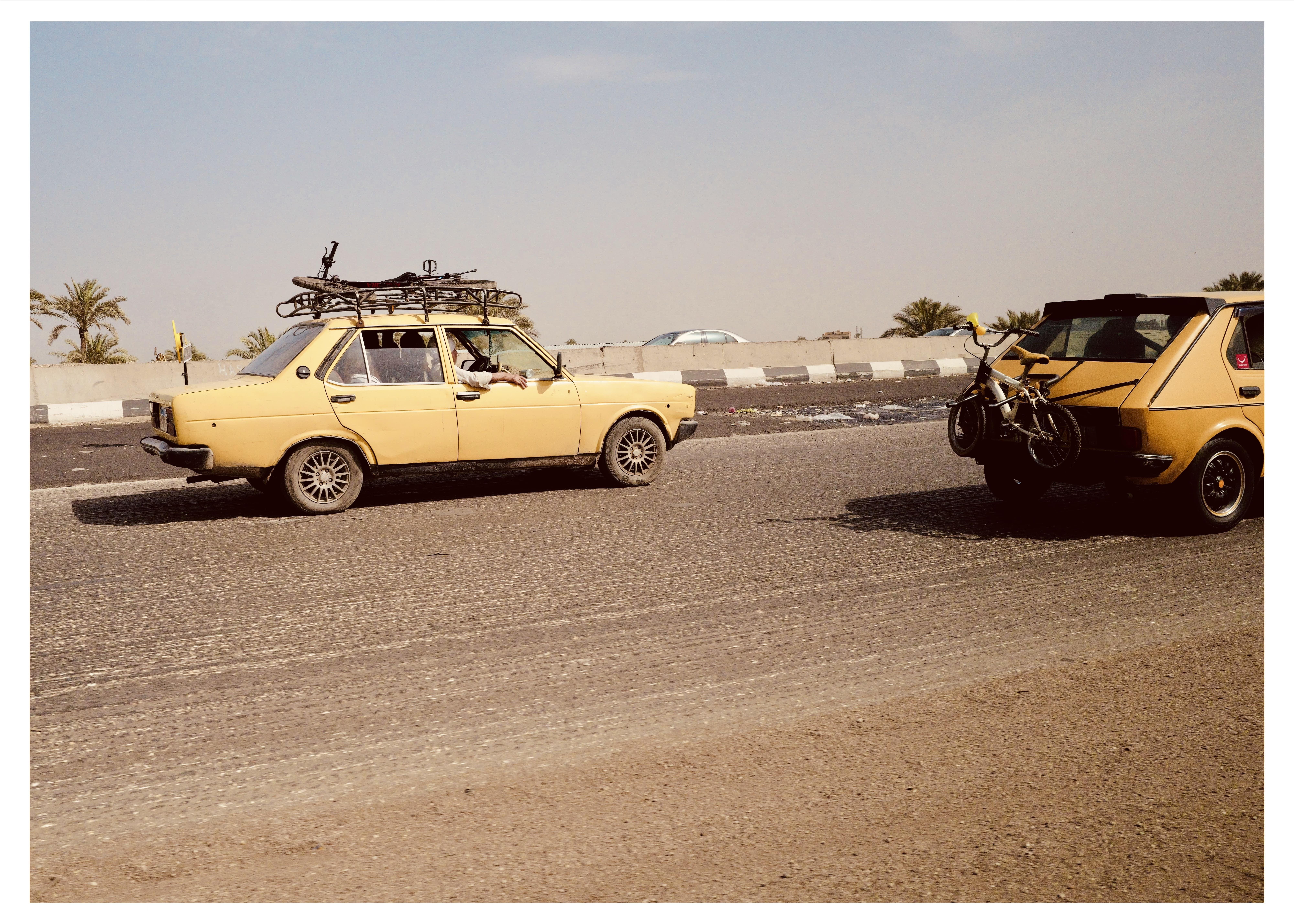 This image features two vintage cars on a road, likely in a dry or desert-like location given the palm trees in the background and flat terrain. The car on the left, a pale yellow sedan, has a roof rack equipped with what appears to be bicycles or similar sports equipment. The car on the right, also in a shade of yellow but slightly darker, is equipped with a rear-mounted rack carrying bicycles. The scene captures a moment of outdoor adventure or travel emphasized by the vehicle arrangements and equipment.